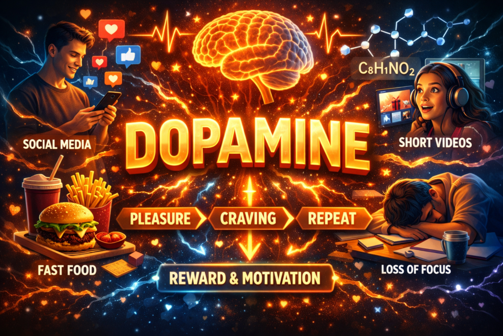 Bìa bài: Khoa Học Của Dopamine: Vì Sao Con Người Nghiện Lướt Mạng, Đồ Ăn Nhanh Và Dần Mất Khả Năng Tập Trung?
